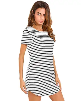 

2019 Summer Dresses Women ZANZEA Fashion Casual Straight Sexy Black White Striped Round Neck Short Sleeve Mini Short Shirt Dress