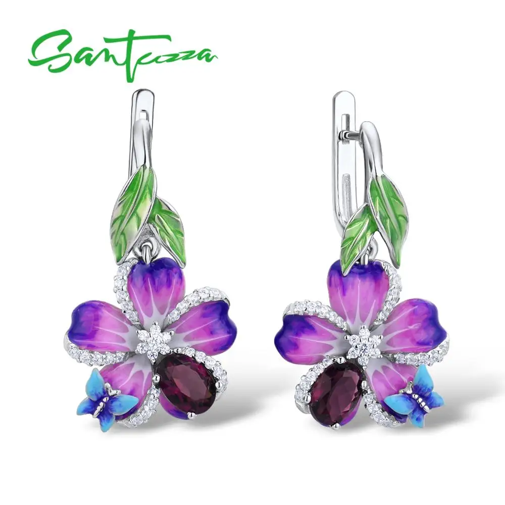 SANTUZZA, серебряные серьги для женщин, подлинный 925 пробы, серебряные, фиолетовые, цветок, бабочка, серьги, модное ювелирное изделие, ручная работа, эмаль