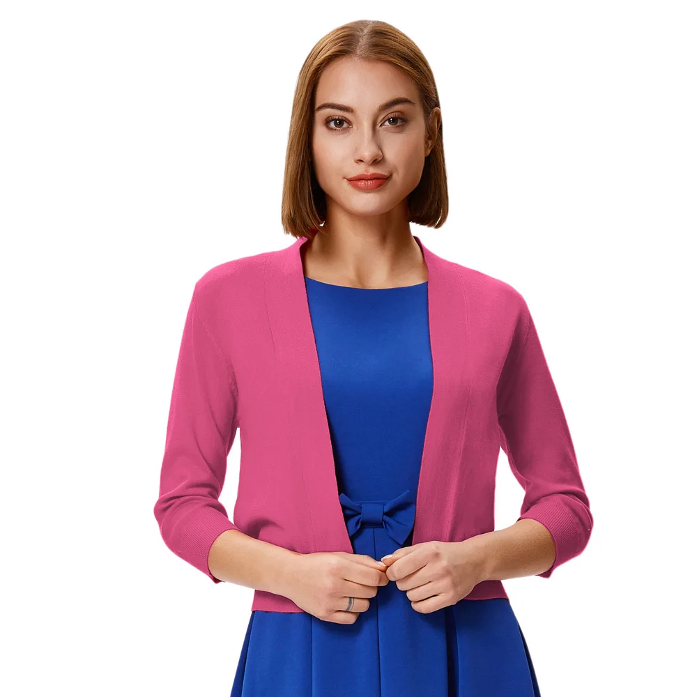 

GK Women's 3/4 Sleeve Opening Front Cropped Length Knitting Coat Tops