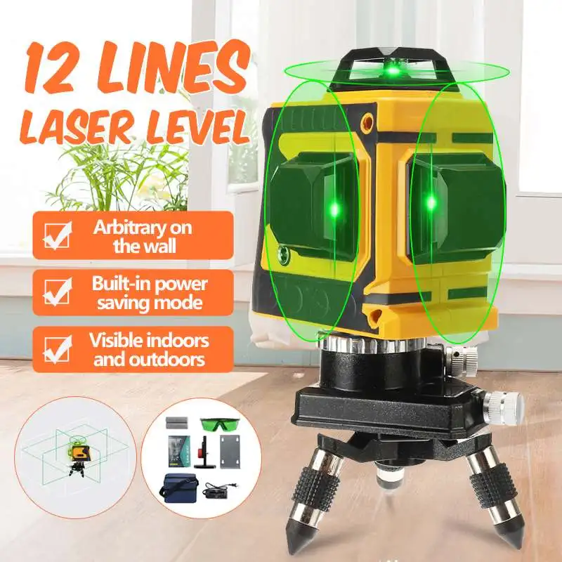 

12 Lines Green Cross Line Laser Level 532nm 3D 360 Degree Rotation Auto Leveling Horizontal Vertical Laser Beam+Base+Wall Frame