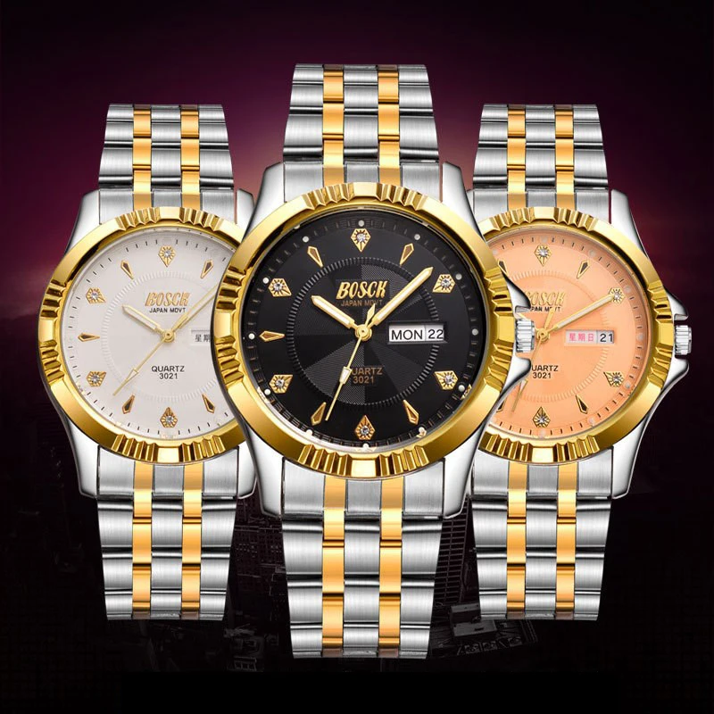 

2019 BOSCK Brand Men Watch Date Day Stainless Steel Hours Clock Dress Fashion Casual Quartz Watches Sport Wristwatch