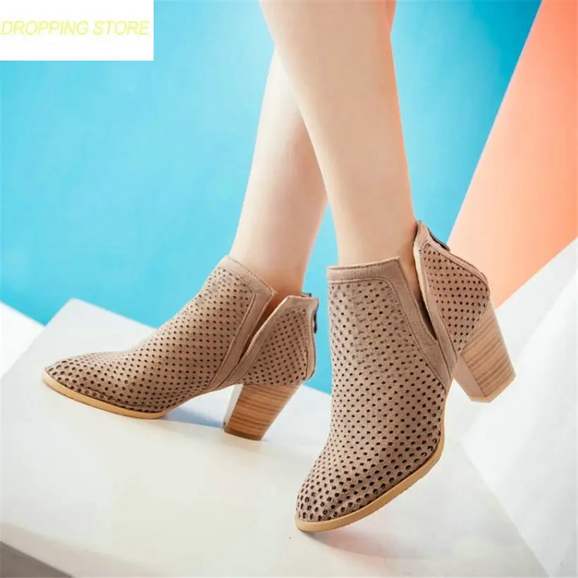 

2019 Breathable Shoes Women Faux Suede Round Toe Chunky High Heel Ankle Boots Summer Party Pumps Casual Shoes
