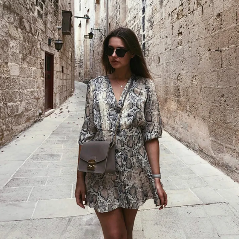 

Eskulla Summer New High Street Deep V-neck Women's A-line Dress Snakeskin Print Half-Sleeve Button seven-point sleeve Dresses