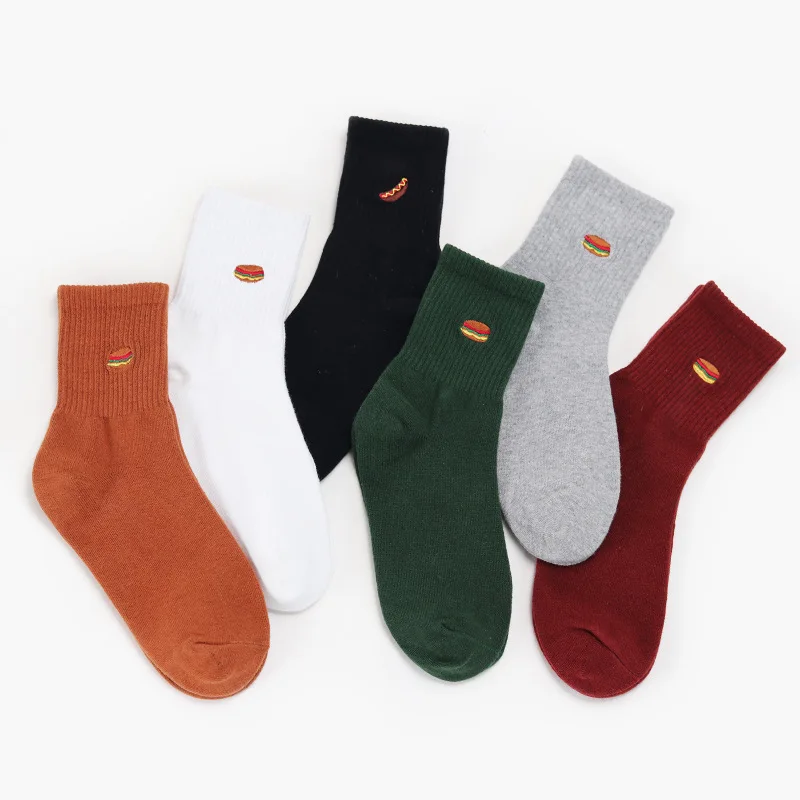 Тепло собака гамбургер вышивка Для женщин однотонные Цвет стильная футболка с изображением персонажей видеоигр Еда узор женские Чулочно-носочные Симпатичные носки Harajuku проект хлопчатобумажные забавные носки