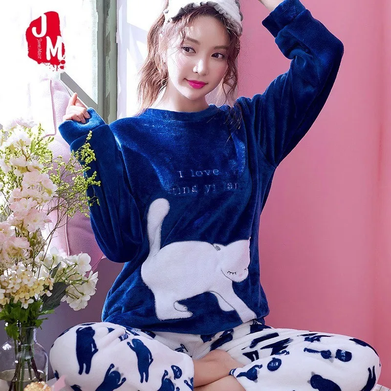 

Autumn Winter Women Pyjamas Sets Thick Warm Coral Velvet Sleepwear Suit Flannel Long Pijama Mujer Cartoon Letter Animal Pajamas