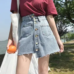 Модная высокая Талия Джинсовая юбка для женщин летние повседневное однобортный кисточкой пляжная джинсовые мини-шорты Женская