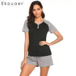 Ekouaer для женщин ночное белье пижамный комплект контрастного цвета повседневное короткий рукав кнопка Домашняя одежда свободные шорт