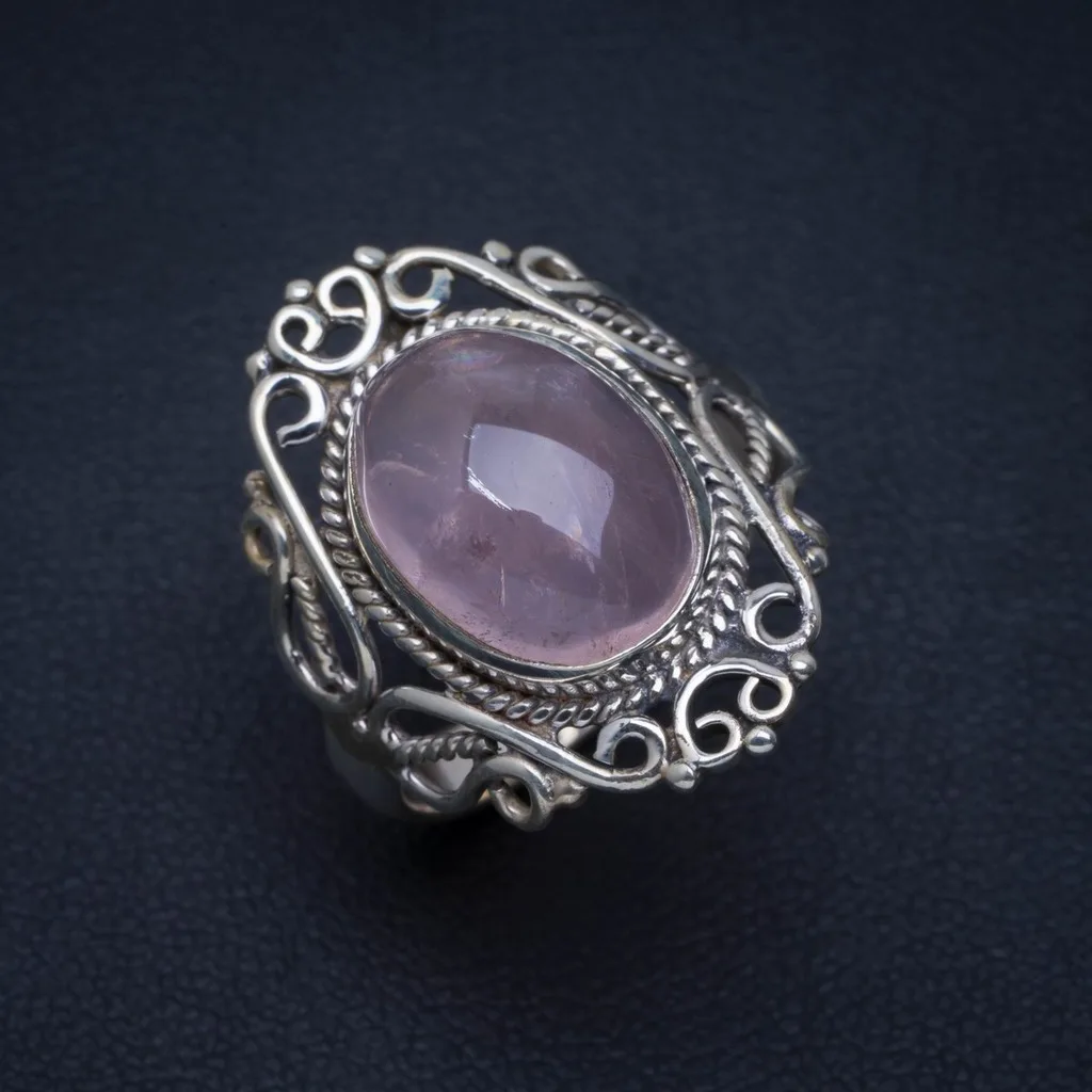 

Natural Rose Quartz Handmade Unique 925 Sterling Silver Ring 8 A4073