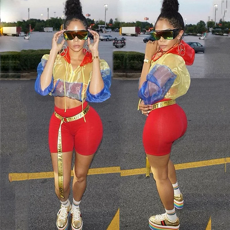 

Sexy TWO PIECE SET Shorts Women Trendy Tracksuit Transparent See Trough Crop Top Hoodie Outfits Vogue Suit CONTRAST Color Street