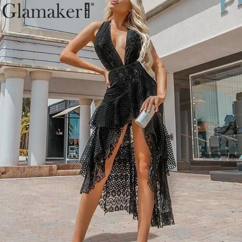 

Glamaker Vintage lace halter back sexy irregular summer dress Women v-neck backless holiday dress Elegant party beach dress