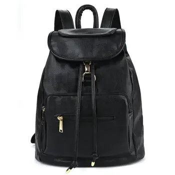 

Women Backpack Casual Black Solid Schoolbag For Girls Teenagers Drawstring PU Leather Bagpack Female Backpacks