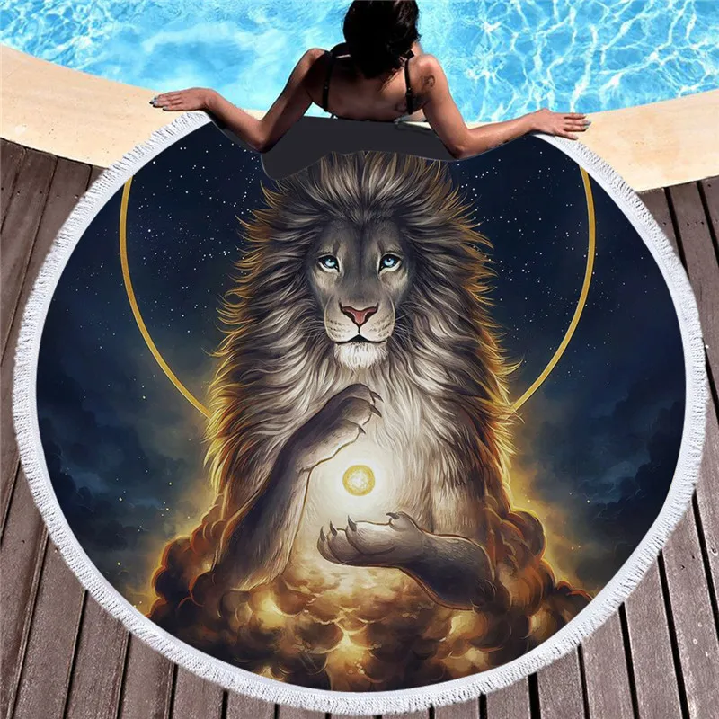 

Bohemia Large Lion Round Beach Towel For Adult Kids Yoga Mat Microfiber With Tassels Summer Thick 150cm Tiger Animal Beach Towel