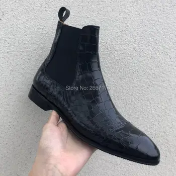 

New Fashion Men's Ankle Boots Alligator Leather Shoes Black Chelsea Boots Elastic Band Round Toe Low Heel Shoes Smoking Boots