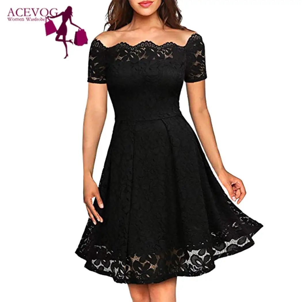 

ACEVOF Dresse Women Casual Slash Neck Lace Floral See Through Pleated Dress off shoulder Women Dresses Party Vestidos