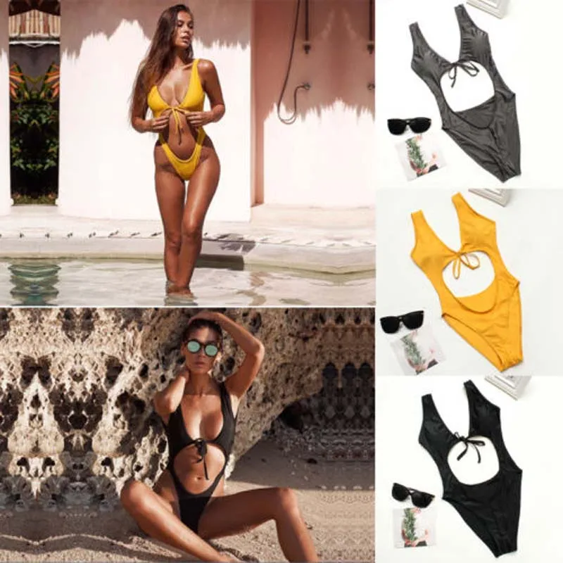 

Sexy Women One-Piece Swimsuit Swimwear 2019 New Summer Solid Bandage Hollow Out Push-up Monokini Backless Bathing Suit Beachwear