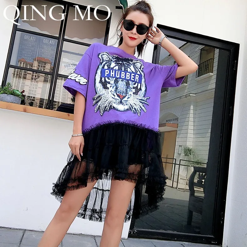 QING MO Tiger T Shirt Dress Women Sequins Tee 2019 Summer Mesh Patchwork Ruffles Short Sleeve FemmeQF616 | Женская одежда