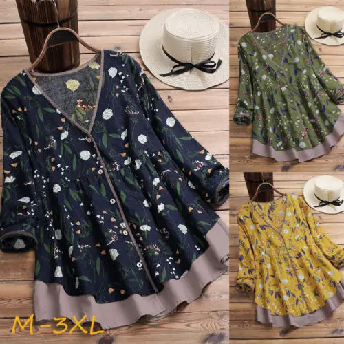 

Women Autumn Long Sleeve Casual Loose Flora V-neck Baggy Tunic Tops T Shirt Plus Size Shirt