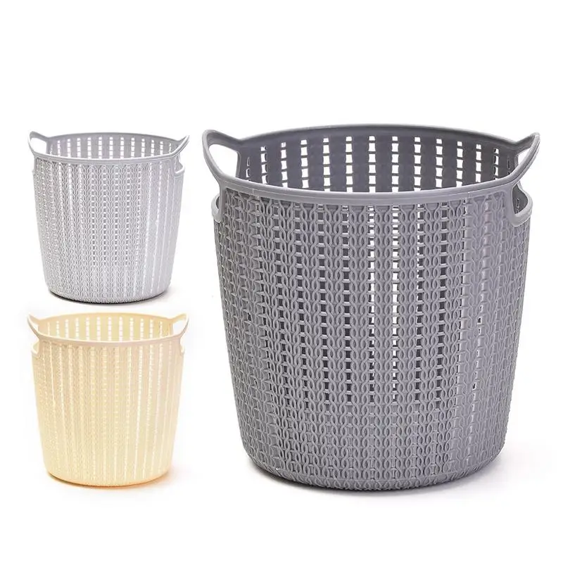 

Plastic Round Storage Basket With Handle Hollow Portable Rattan Paper Pen Debris Sundries Storage Bucket Home Decoration Gift
