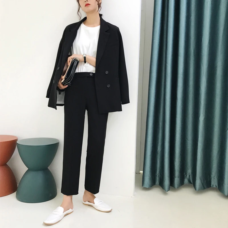 2020 Spring Office Wear Vintage Double Breasted Pant Suit Notched Blazer Jacket & Pant Women ensemble femme conjuntos de mujer
