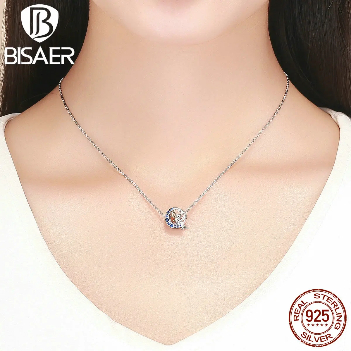 BISAER 925 пробы серебро ярко синий CZ лунный свет фея бусины для Для женщин Fit Пан