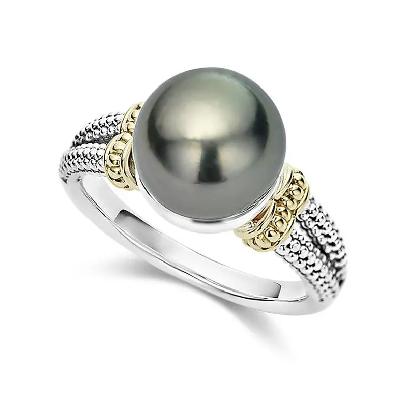 

Elegant Women Wedding Rings 925 Silver Jewelry Round Cut Black Pearl Size 6-10