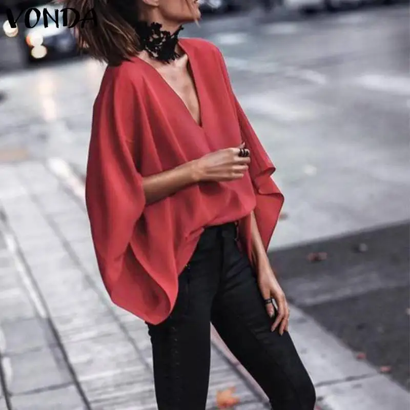 

VONDA Fashion Blouse Shirts Women 2019 Spring Sexy V Neck Long Batwing Sleeve Tops Blouse Plus Size Casual Loose Blusas OL Shirt