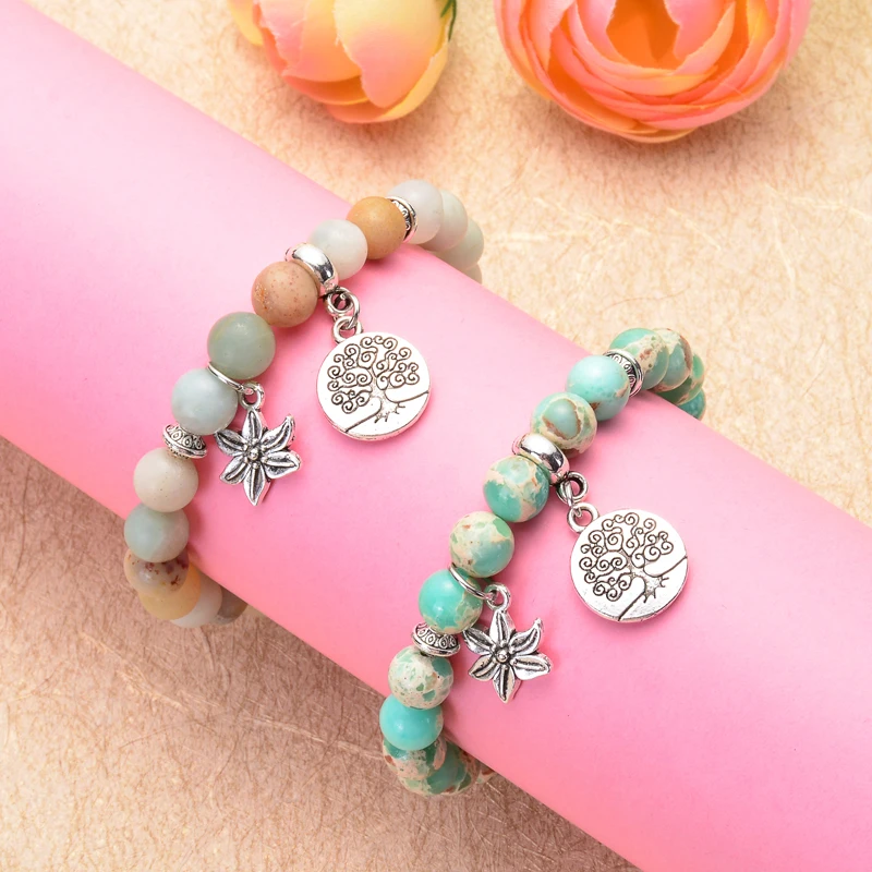 

BRIGHT MOON New Arrival Delicate Pray Tree of Life Style Elastic Natural Stone Bracelet Colorful Beads for Women Jewelry