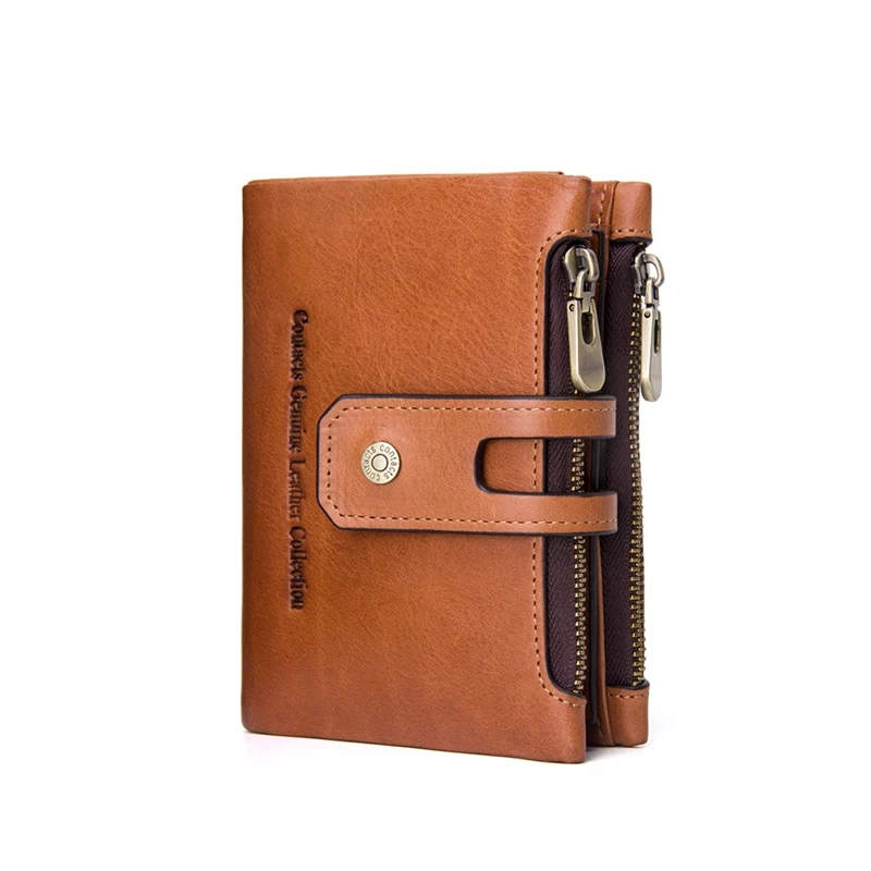 

New 2019 Women Men Wallet Crazy Horse Genuine Leather Double Zipper RFID Wallets Short Coin Purse ID Credit Card Holders Slots