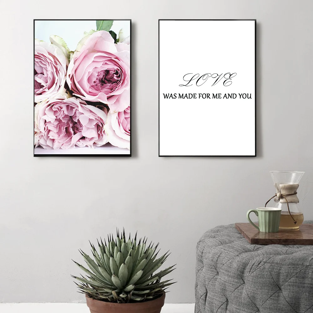 

Simple Nordic Style Pink Flower Picture Love Letter Prints and Posters Decor for Home Wrinkle- Proof Canvas Material Unframed