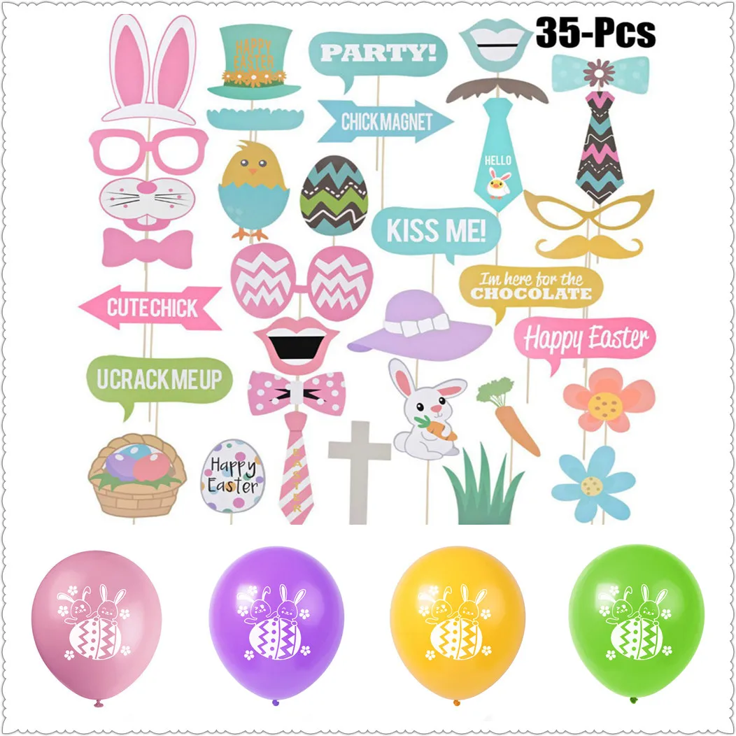 35pcs Rabbit Photo Booth Props Happy Easter Bunny Toys Egg Cute Rabbit Balloon Easter