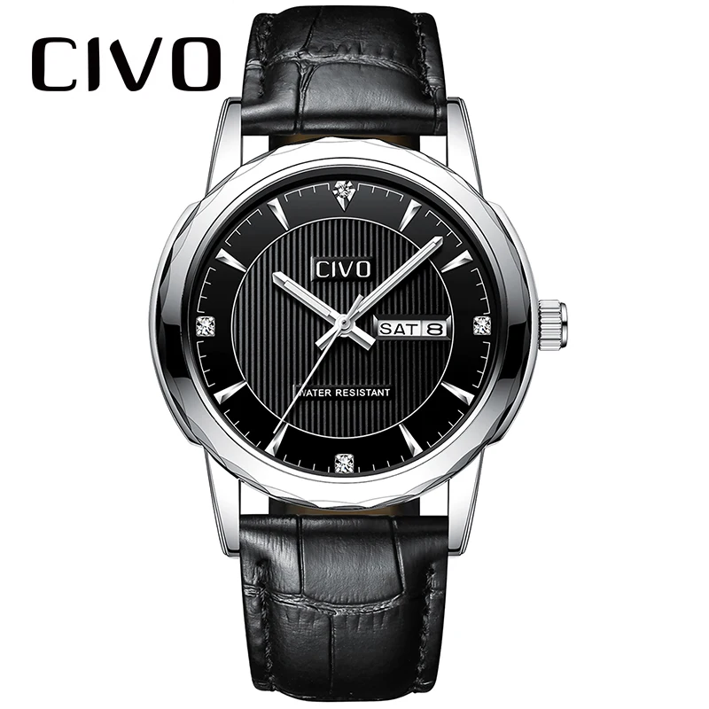 

CIVO 2019 Luxury Brand Men Watches Black Genuine Leather Watch For Men With Waterproof Date Calendar Analogue Quartz Watch Clock