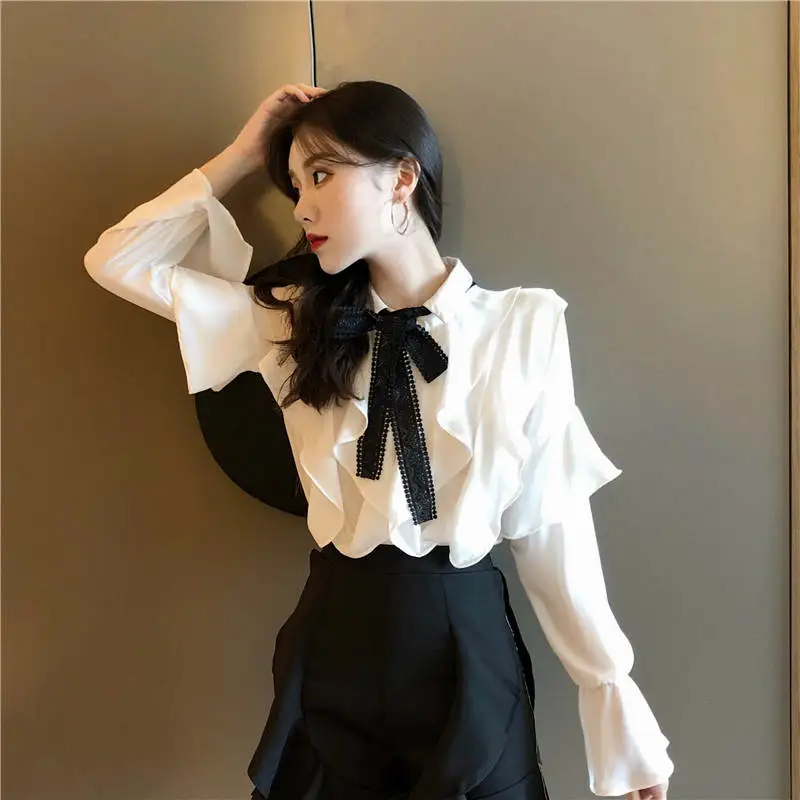

Lace Bow Tie Shirt Ruffles Blouse Office Lady 2019 Spring Sweet Korean Shirts Women Tops Butterfly Sleeve Office Blouse