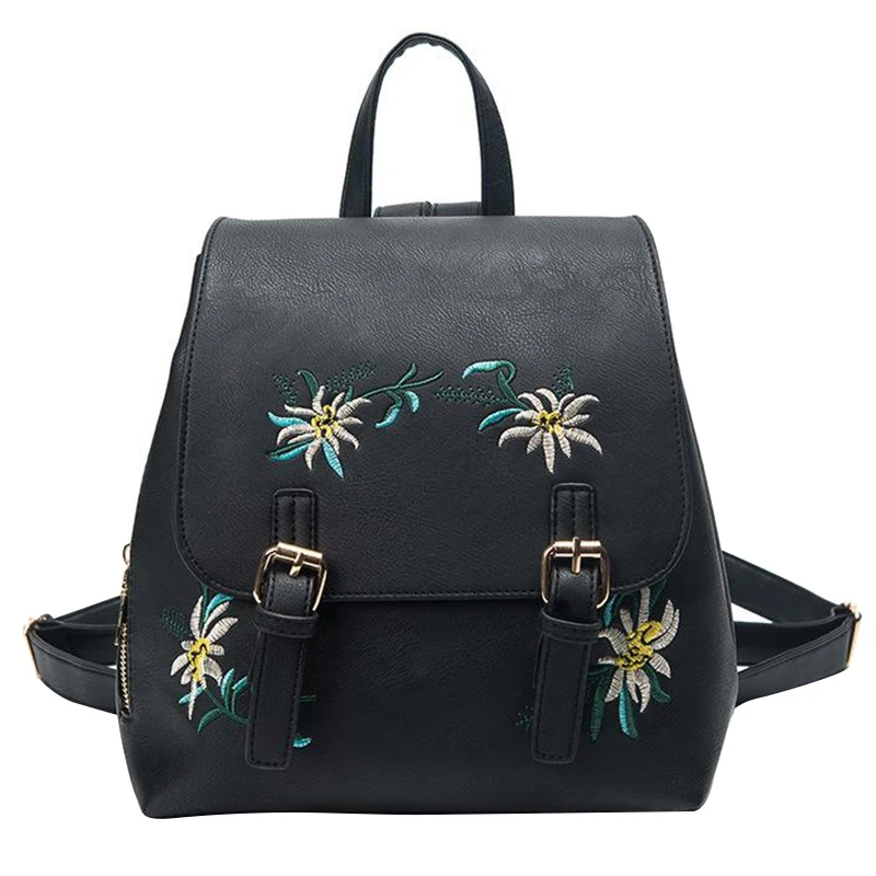

NEW-Embroidered Lady Backpack Fashion Casual Pu Leather Ladies Young Girl Schoolbag