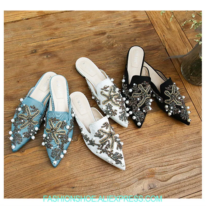 

Pearl Beading Pointy Toe Mules Starfish Coral Women Slippers Summer Sandals Casual Flats Slip On Outside Slides Sandalias Mujer