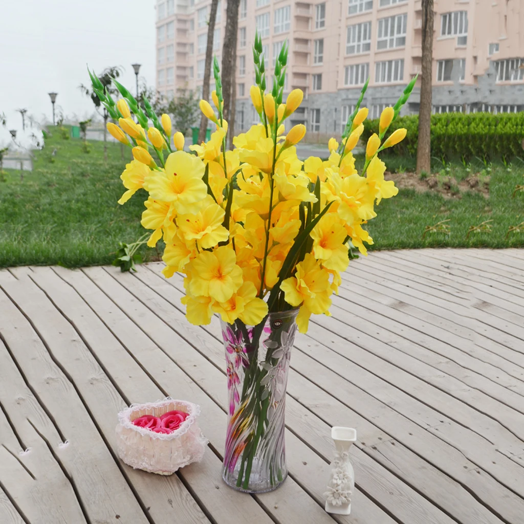 

Artificial Flowers UV Resistant Plants Yellow Gladiolus Plastic Flowers Indoor Outside Office Wedding Garden Floral Home Decor