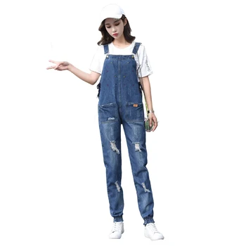 

Plus Size Blue Bib Overall Jeans For Women Ripped Overalls Jean Vintage Pocket Loose Boyfriend Jeans Jumpsuit Denim Rompers Pant