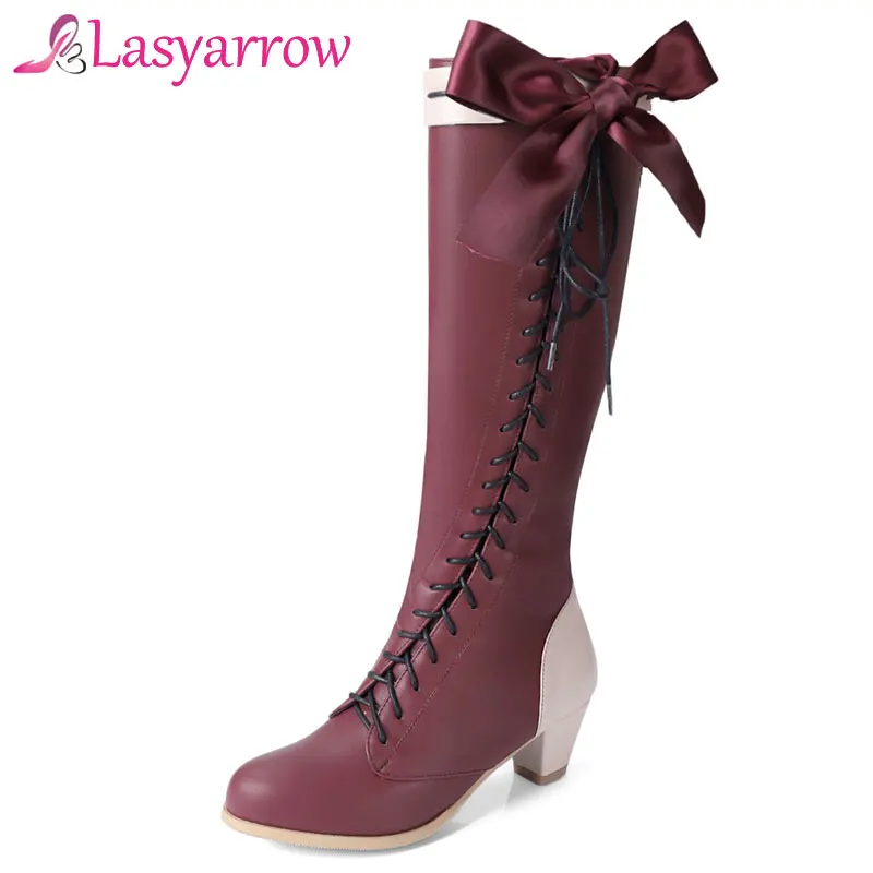 

Lasyarrow Women Knee High Boots Fashion Gladiator Cross-tied Booties Block Medium Heels Retro Riding Booties Zipper Botas Mujer