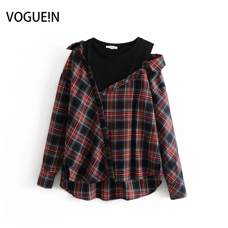 Женская Асимметричная блузка VOGUEIN винтажная клетчатая с длинным рукавом и