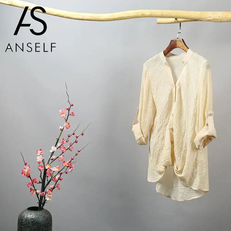 

Ethnic Shirt Women Vintage Blouse Tops Front Buttons V Neck Long Sleeve Asymmetric Hem Solid Summer Top 2019 Shirt female tunics