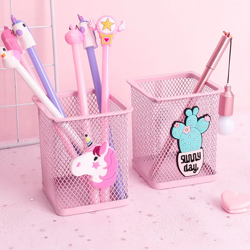 

Pink Metal Pen Holder Office Organizer Cosmetic Square Pencil Pen Stand Holders Stationery Container School Supplies Girls Gift