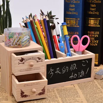 

Wooden Adjustable Pen Container Pencil Holder Pot with Small Chalkboard 2-Drawer Organizer for Home School Students Gifts