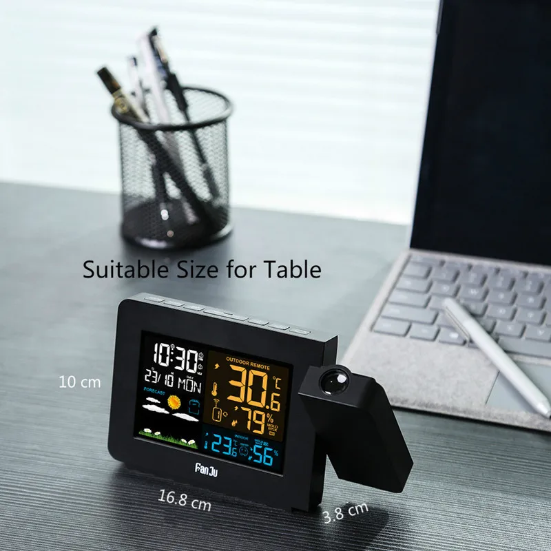 

FanJu FJ3391 Weather Station with Projection |Weather Monitor |DCF Radio control | Calendar |7 languages| Backlight Alarm Clock