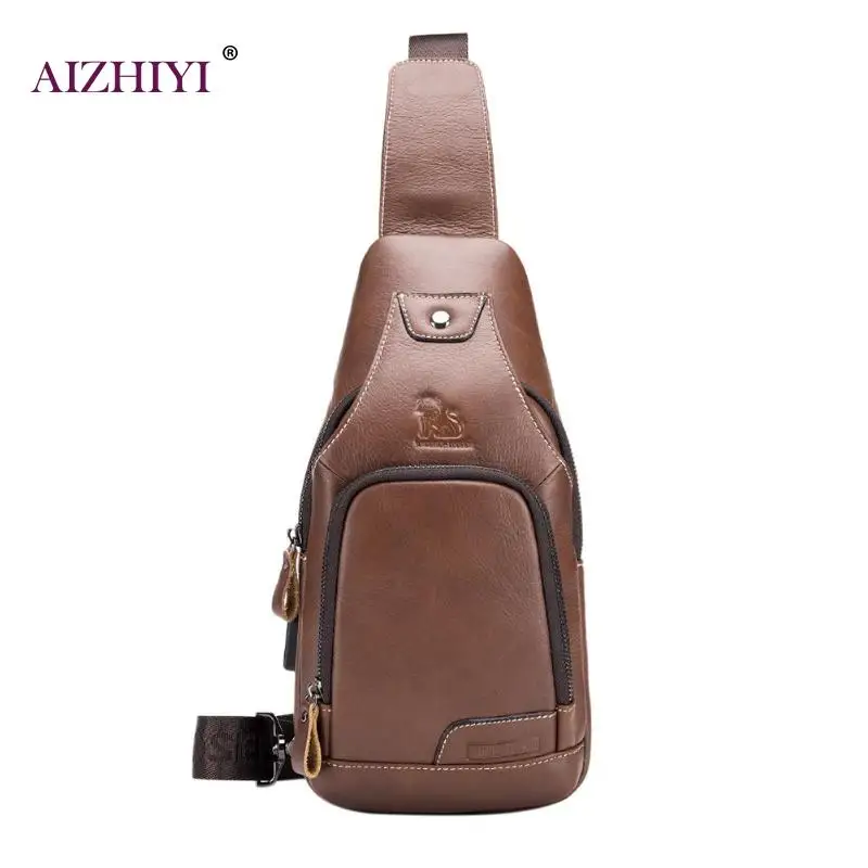 

High Quality Male Casual Fashion Solid Color Shoulder Bags Men Chest Genuine Leather Zipper Travel Crossbody Bags