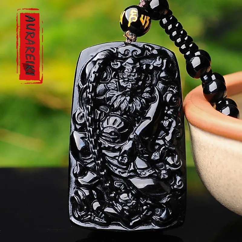 

AURAREIKI Reiki Obsidian Pendant Necklace Chinese Mythology Zhong Kui Exorcise Evil Spirits Amulet Women's Men's Jewelry C0033