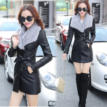 

Winter leather jacket female fur collar washed leather stain resistant in the long section plus velvet warm fashion jacket