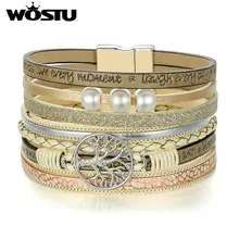 WOSTU горячая Распродажа кожаный многослойный браслет древнее дерево модный браслет из сплава и бисера браслет для женщин вечерние ювелирные изделия SDQ0359