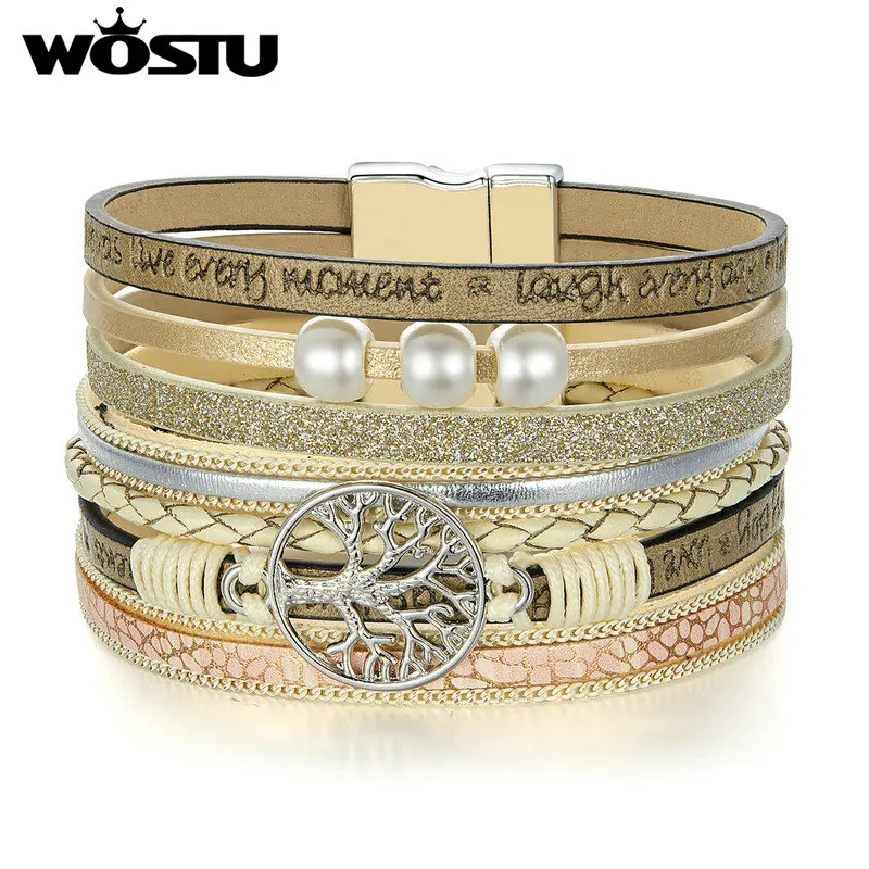 

WOSTU Hot Sale Leather Multi-layer Bracelet Ancient Tree Fashion Alloy Beads Bracelet Bangle For Women Party Jewelry SDQ0359
