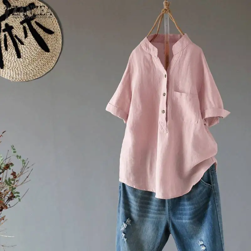 

ZANZEA Elegant Women V Neck Short Sleeve Loose Blouse Casual Summer Solid Top Cotton Linen Shirt Robe Femininas Blusas Chemise