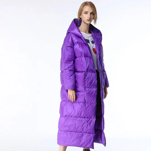 Buy Long Knee Purple Down Jacket Fashion Hooded Parka