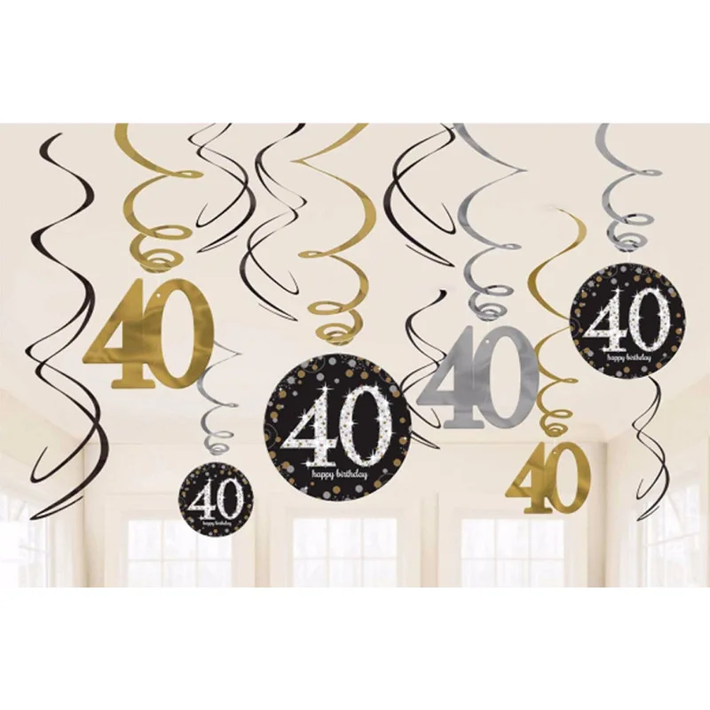 12 шт. украшение на день рождения Черное золото 21/30/40/18th Swirl подвесные украшения для
